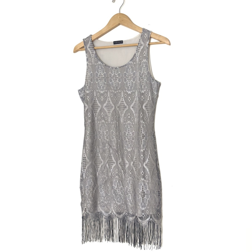 Venus Tank Fringe Hem Gray Crochet Lace Dress